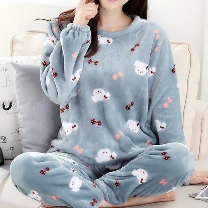 HAIBI Pyjama Femme Hiver，Polaire Pyjama Flanelle Filles Vêtements De Nuit  Chauds Pyjamas Ensemble De Pyjama Imprimé Élan Pull Corail Polaire Maison