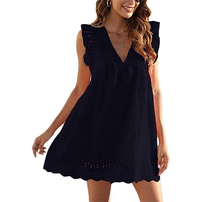Robe d'?�t?� avec Poches et Short int?�gr?� - Femme - Couleur Unie - Col V - Dentelle Creuse - Robe 