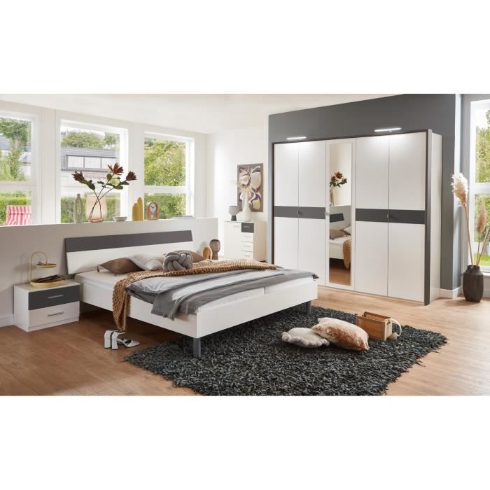 Ensemble de chambre à coucher complète coloris blanc, rechampis imitation béton gris clair ( armoire de rangement avec cadre