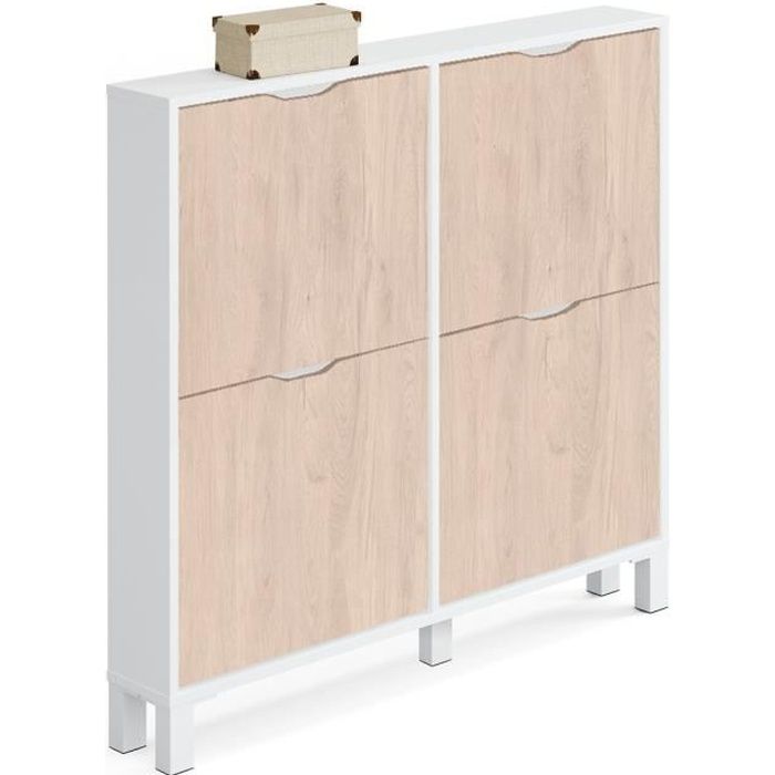 Commode Meuble à chaussures 4 portes Blanc brillant - effet bois - Hauteur 98 x Longueur 97 x Profondeur 17 cm Commode Meuble à chaussures 4 portes Blanc brillant - effet bois - Hauteur 98 x Longueur 97 x Profondeur 17 cm