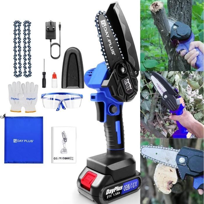Irishom Mini Tronçonneuse 4" & 6" Sans Fil 21V - 2 Batteries & 2 Chaînes Incluses - Sécurité Verrouillage - Parfaite Pour Jardin & Bricolage