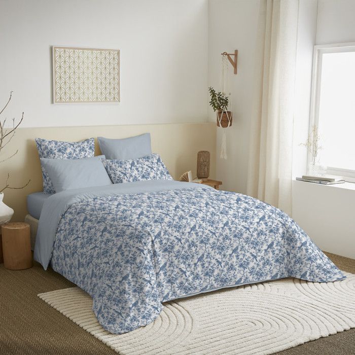 Pack complet housse de couette réversible pour lit 180 x 200 cm King size Bérengère bleu