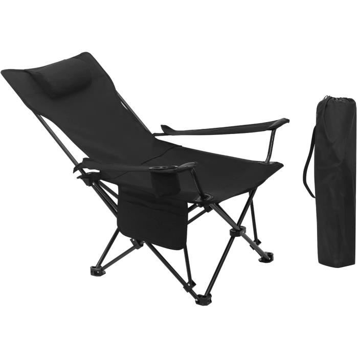 WOLTU Chaise de Campingavec Appui-tête Porte-gobelet Poche de Rangement Sac de Transport Charge 150 kg Noir