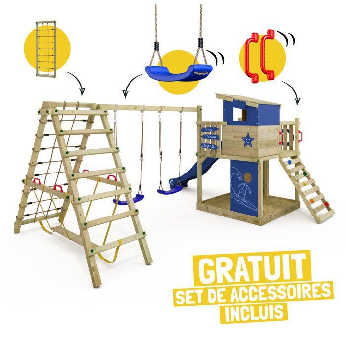 Aire De Jeux En Bois Wickey TinyWave - Balançoire, Toboggan 175 Cm, Bac à Sable, échelle, Pour Jardin (Vert Pastel)