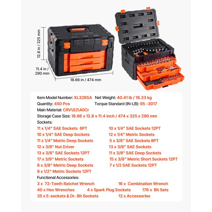 Kit D'outils Manuels VEVOR 146 Pièces Avec Perceuse électrique - Boîte Robuste - Neuf