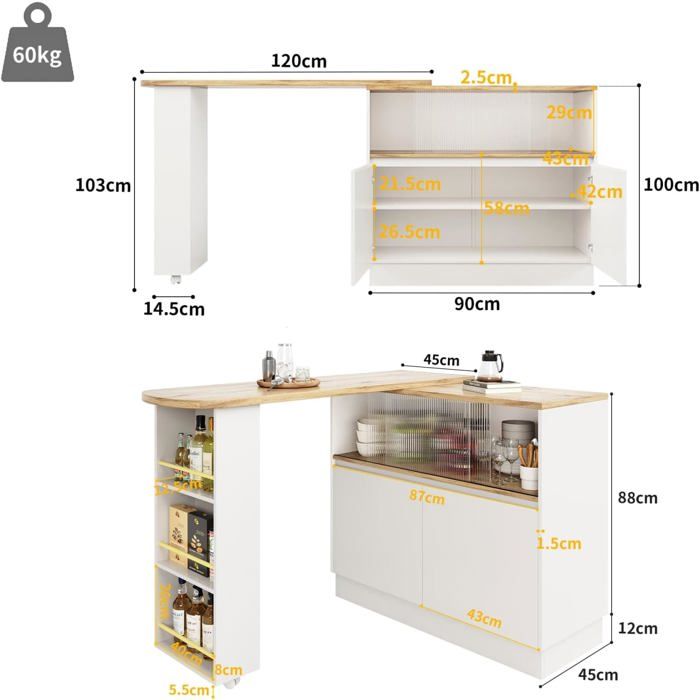 Table de Bar Extensible avec Espace de Rangement - Meuble avec 2 Portes ...