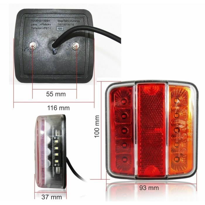 Lot De 2 Feux Arrière LED étanches 12V/24V - Feux Stop, Position Et Clignotant Intégrés - Pour Voiture, Tracteur, Remorque