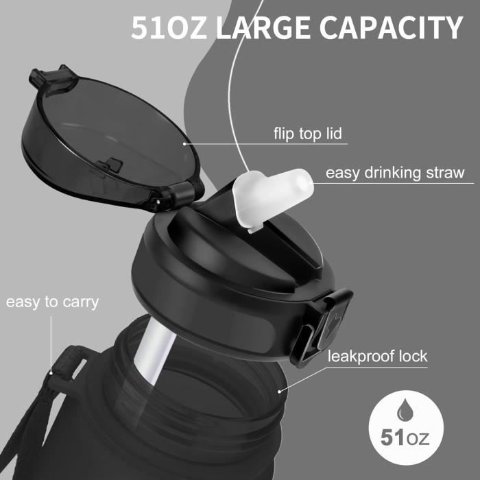 Gourde Motivation Grsta 1.5L Avec Paille – Sans BPA – Marqueur Temps & Citations – Sport & Quotidien – Noir/Rouge