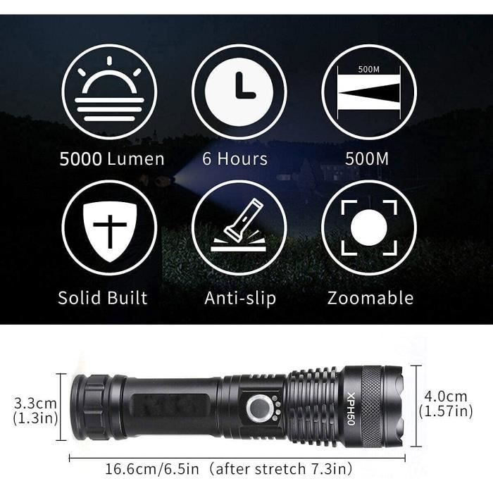 WOWNIGHT Lampe Torche Led Ultra Puissante, 500000 Lumen Lampe De Poche, Lampe Torche Rechargeable USB, Lampe De Poche led Ultra Puissante, IPX6 Étanche Lampe Tactique Torches pour Camping Randonnée