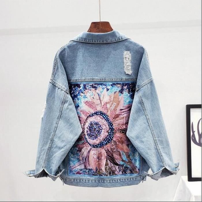Veste en jean femme printemps et automne tournesol Graffiti veste