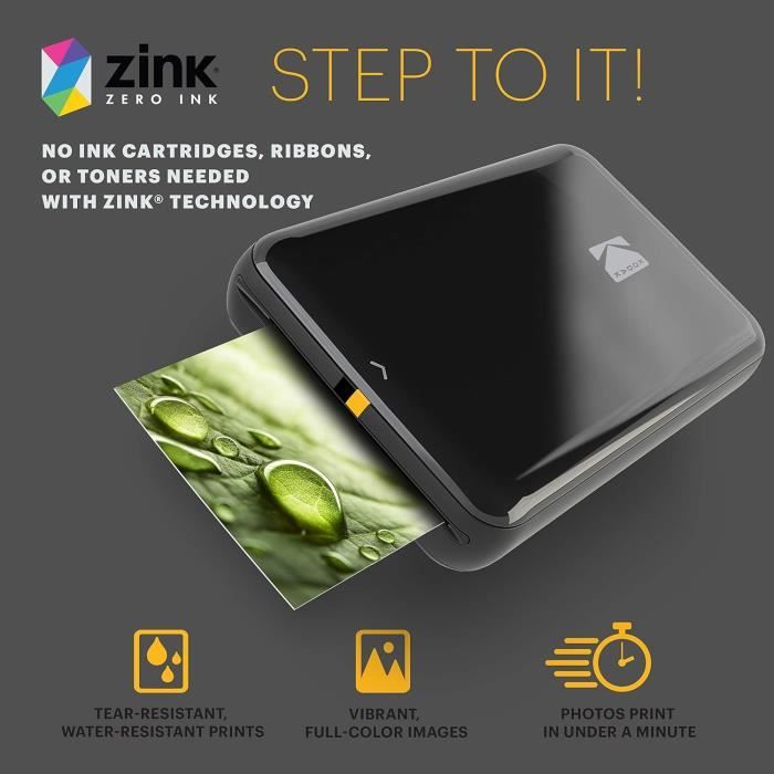 KODAK Step Imprimante ZINK Zero Ink mobile sans fil et application KODAK  iOS et Android | Imprimez des photos autocollantes 5 x 7 cm - Blanc
