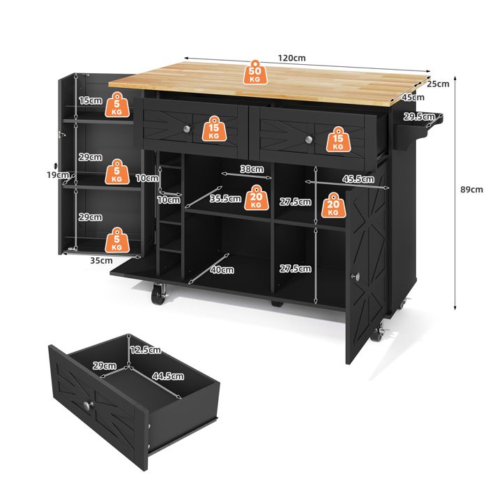 Îlot de cuisine extensible 120x77x93 cm avec 2 tiroirs, 2 portes, roulettes, étagères, en MDF, blanc | Leroy Merlin