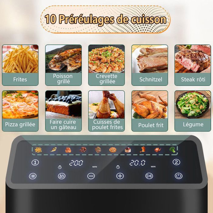 Friteuse Sans Huile XXL 10L Cooki G10 Max - Double Compartiment 6L+4L, 2600W, 12 Programmes - Écran Tactile