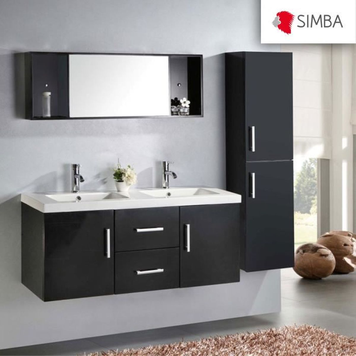 Meuble Salle De Bain 120 Cm Noir Set Colonne Vasque Robinetterie