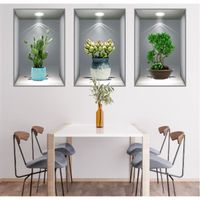 Lot de 3 stickers muraux 3D Vase, plantes vertes, salon, chambre à coucher, cuisine, décoration murale autocollante - 45 x 30cm