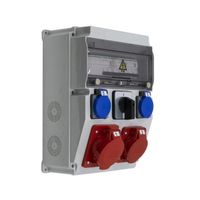 Coffret de chantier IP65 32A/5P, 16A/5P, 2x230V Type E IP44, interrupteur rotatif 3 positions, protections Schneider