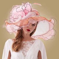 FUNMOON Chapeau Femmes De Plage En Organza Rose CoUVre-Chef De Soleil Large Bord Élégant Fleurs Fête Église Mariage -632061