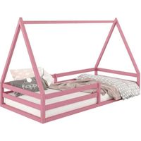 Lit cabane SILA 90x190 cm, lit simple enfant 1 place type Montessori, en pin massif rose