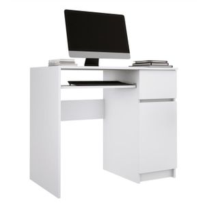 BUREAU  Bureau avec placard, tiroir et étagère à clavier, côté gauche, couleur BLANC, H : 77 cm, L : 90 cm, P : 50 cm