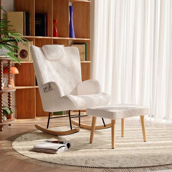 Fauteuil à Bascule En Velours Teddy Crème - Dossier Ergonomique - Bois D'Hévéa - Pour Salon/Chambre