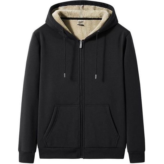 Homme Sweat A Capuche Grande Taille Zippe Double De Polaire Lache Noir