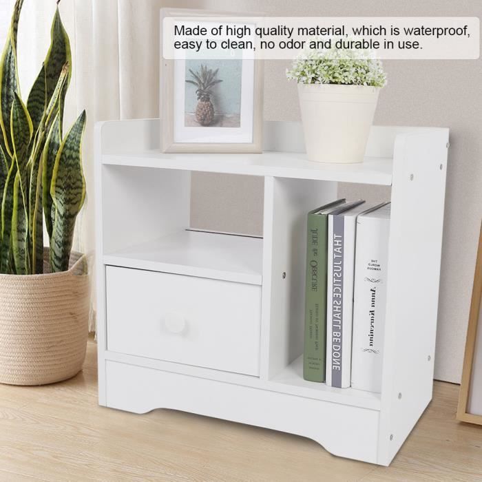 Table de chevet , table de nuit casier avec 1 tiroir et 2 niche en Bois composite - Blanc