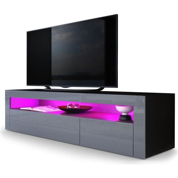 Meuble TV bas Valencia en Noir mat - Gris haute brillance - Gris haute brillance