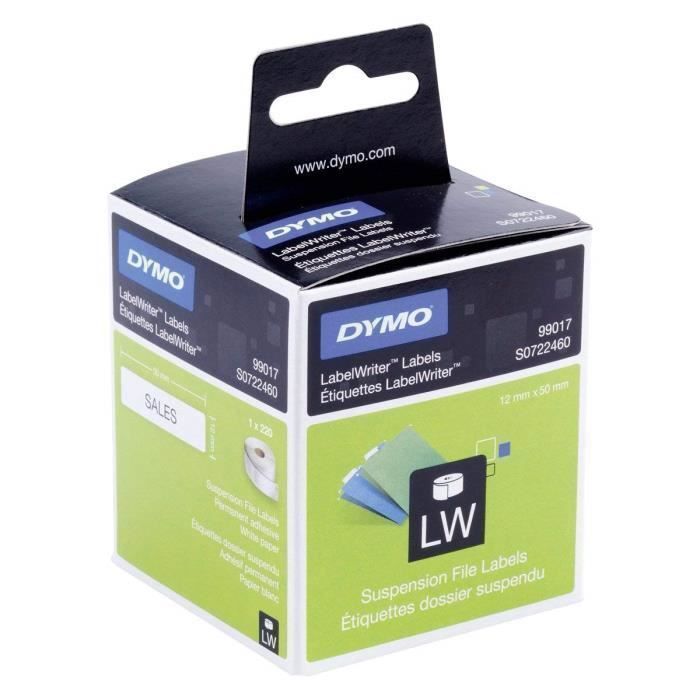 Dymo S0722460 Étiquettes pour dossiers suspendus LabelWriter, permanentes, 12 x 50 mm, rouleau de 220 - impression noire sur blanc