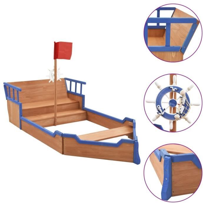 Top Bac à sable Sac de sable - Jouet de plage bateau pirate Bois de sapin 190x94,5x136 cm ☺559938
