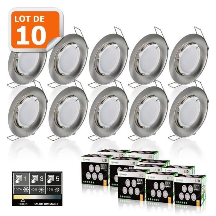 10 SPOTS LED DIMMABLE SANS VARIATEUR 7W eq.56w BLANC CHAUD FINITION ALU BROSSE