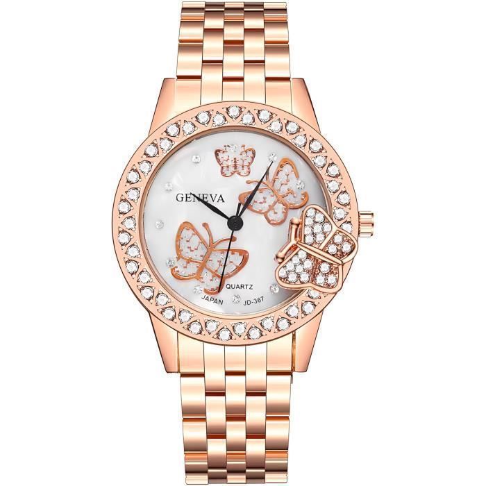 Montre Motif Papillon Femme Acier Inoxydable Rose