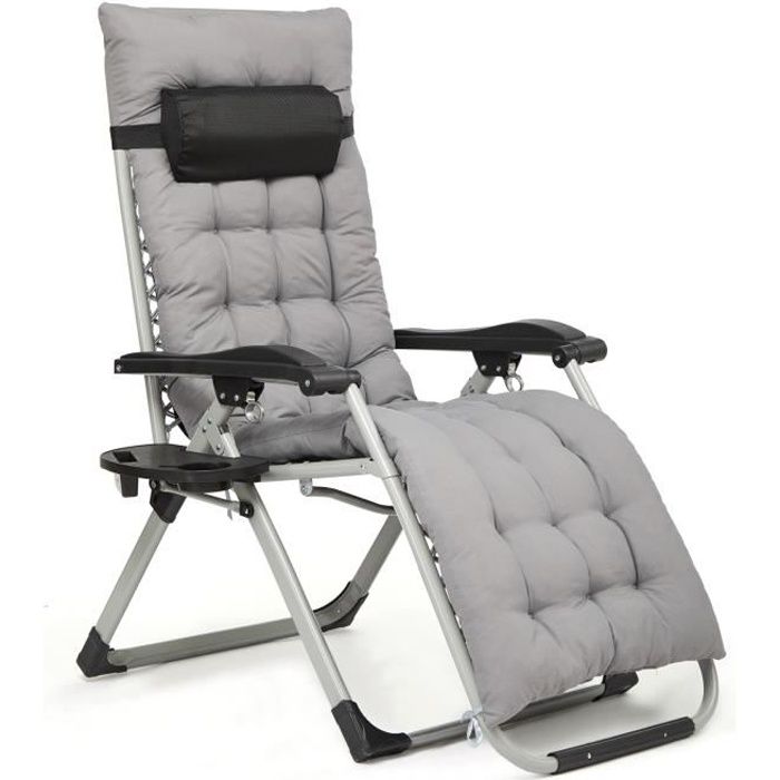 Chaise de Jardin Pliable Chaise Longue Inclinable avec Coussin Gris, Support de Gobelet Amovible, Appui-Tête, Gris-IntimaTe WM Heart