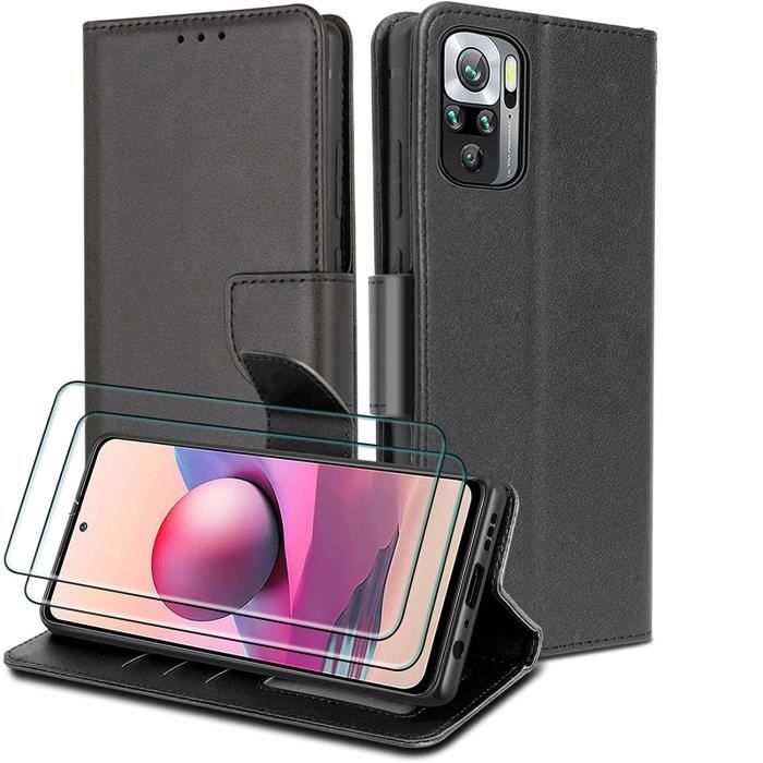 Coque pour redmi note 10 pro + 2x Vitre Verre Trempe rabat simili cuir porte cartes noir