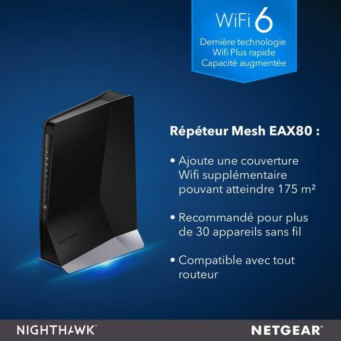 NETGEAR EAX80 Répéteur Mesh WiFi 6 Nighthawk - Ajoutez jusqu'à 175m2, connectez jusqu'à 30 appareils avec le WiFi Dual Band AX6000,