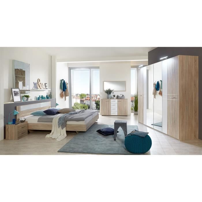 Chambre adulte complète, imitation chêne, rechampis verre blanc + chrome - 140 x 200 cm