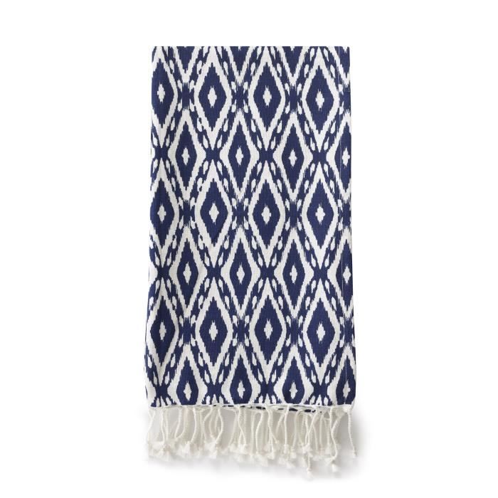 Fouta à franges 100-190 SERIFOS 100% coton motif bleu et blanc