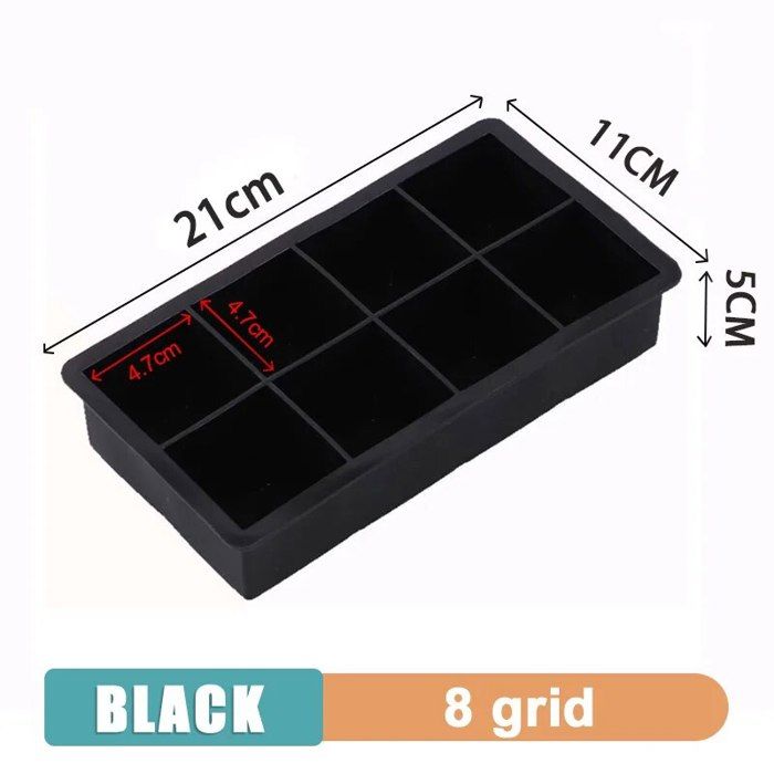 Bac à Glaçons Carré Silicone Alimentaire Noir - 8 Gros Cubes Avec Couvercle - 21,8x11,4x5 Cm