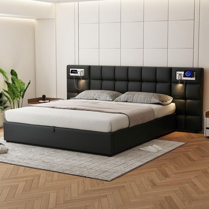 Lit rembourré 180x200 cm Lit hydraulique Avec port USB Wireless Charging & lampe éclairée - SWEIKO - PU Noir Lit rembourré 180x200 cm Lit hydraulique Avec port USB Wireless Charging & lampe éclairée - SWEIKO - PU Noir