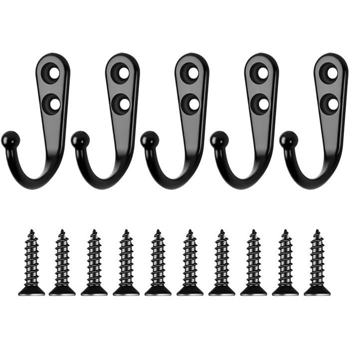 Lot de 5 crochets muraux noirs en alliage de zinc anti-rouille – patères solides (40×30×13 mm)