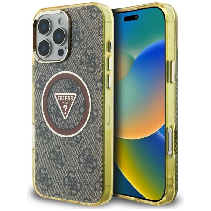 Coque Guess IML Metal Glitter 4G Circle Triangle MagSafe pour iPhone 16 Pro (marron)