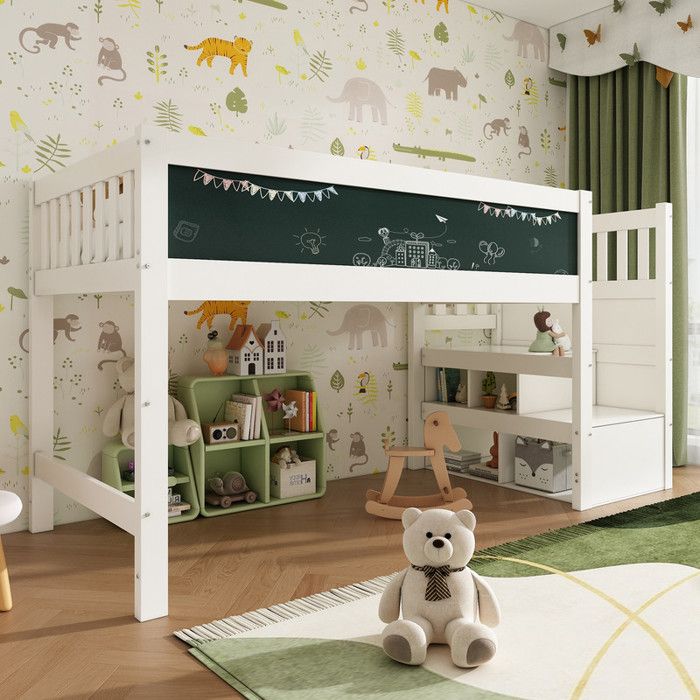 Lit mezzanine pour enfant 90 x 200 cm avec tableau blanc et ardoise protection anti-chute et sommier à lattes sans matelas