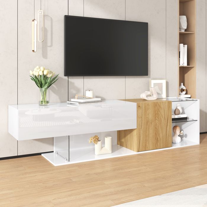 Meuble TV Moderne en Bois et Blanc Laqué 180 cm avec Compartiments et Étagères en Verre Armoire pour Téléviseur jusquà 75 Pouces Meuble TV Moderne en Bois et Blanc Laqué 180 cm avec Compartiments et Étagères en Verre Armoire pour Téléviseur jusquà 75 Pouces