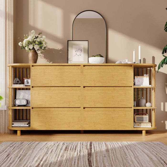 Commode-Buffet 160 cm avec 6 tiroirs Armoire de rangement et étagères ouvertes - Hauteur réglable - 160 x 40 x 75 cm Naturel