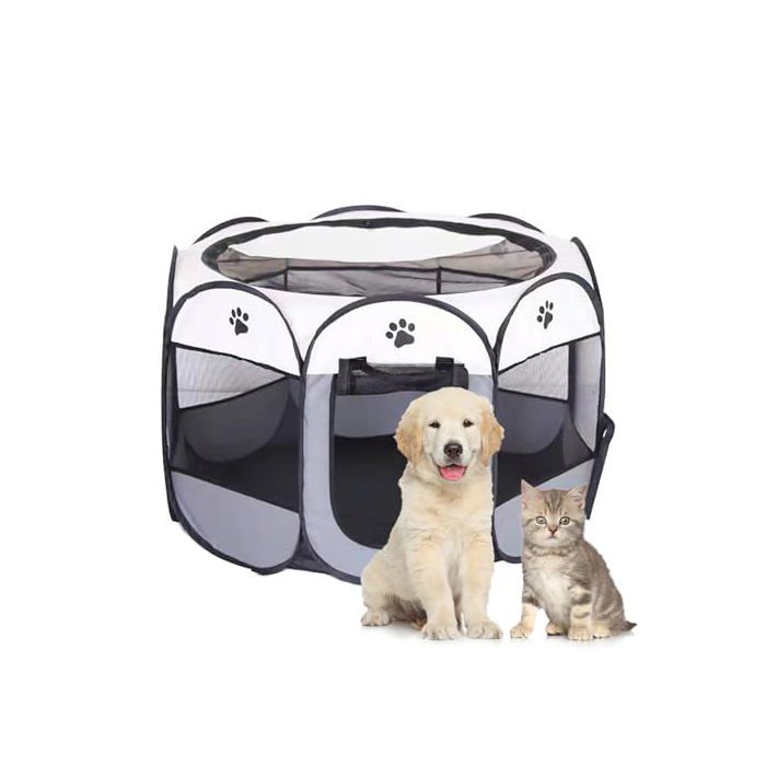 Parc Chien Portable Toile Oxford Imperméable Intérieur/Extérieur Pour Chiens/Chats/Lapins Gris - Montage Rapide