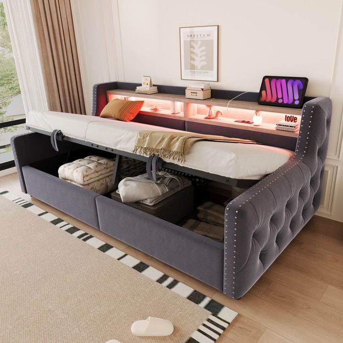 Canapé-lit coffre rembourré 90x200 cm - LED - Prise de courant + port de charge - Gris foncé(sans matelas)
