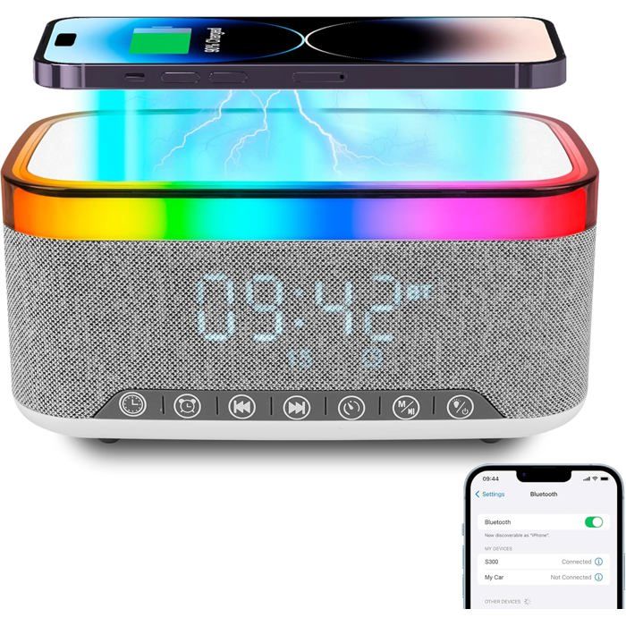 Lampe induction + Bluetooth – ambiance lumineuse syncro musique réveil numérique Lampe induction + Bluetooth – ambiance lumineuse syncro musique réveil numérique