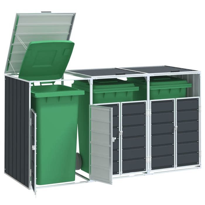 Rangement à roulettes pour poubelles - Happiness - Trois bacs - Acier - 216x81x115 cm - Anthracite - 240 L par bac