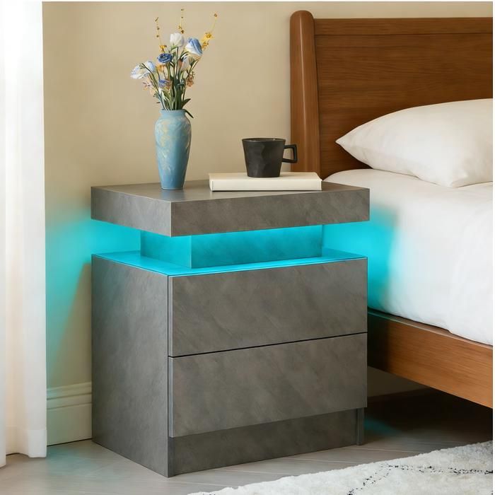 Table de chevet - BELLEMAVE - 2 Tiroirs LED Multicolore Réglable - pour chambre à coucher - gris foncé
