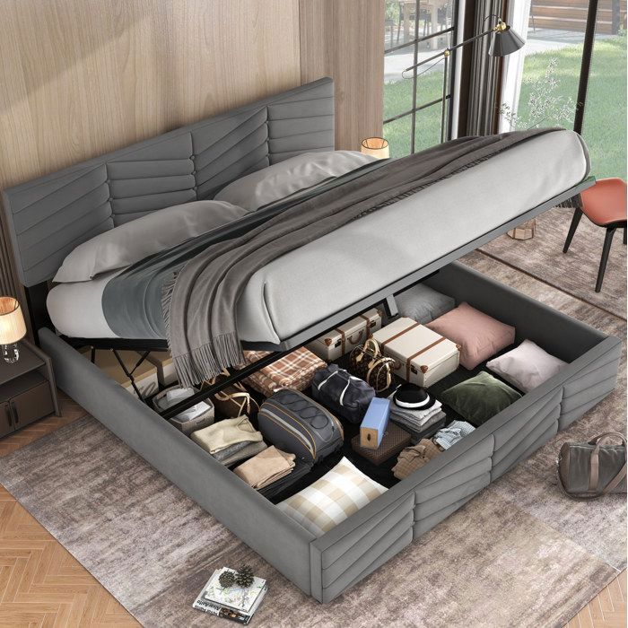 Lit double coffre gris 180×200 cm sommier inclus tête de lit réglable structure solide montage nécessaire