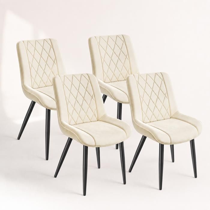 HavenlyHome Lot de 4 Chaises Salle à Manger Velours Beige Assise Rembourrée Confort Pieds Métal Noir Cuisine Moderne